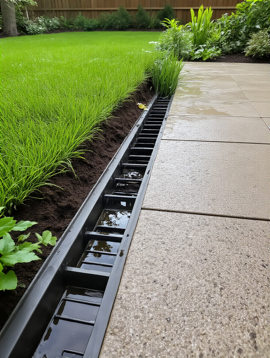 Image showing an effective backyard drainage system, including a French drain and permeable paving, successfully preventing waterlogging in a residential garden.