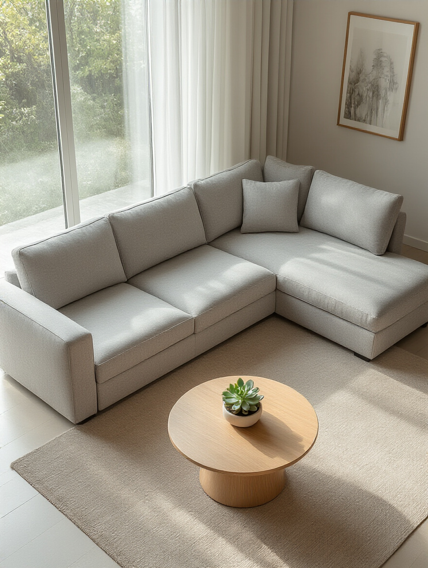 A stylish, light gray convertible modular couch configured as an L-shaped sofa in a modern, serene living room with soft lighting, emphasizing flexible design.