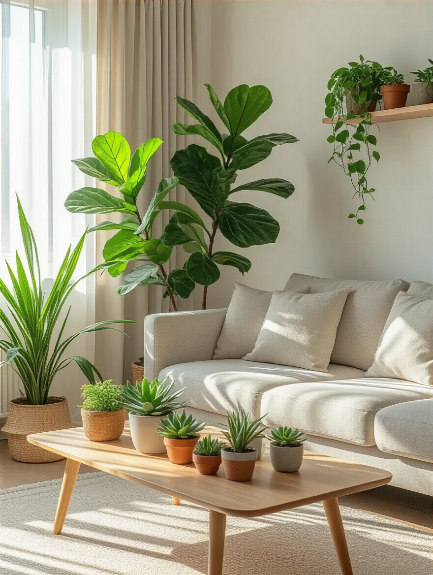 An inviting apartment living room adorned with a variety of lush indoor plants, enhancing the decor and air quality.