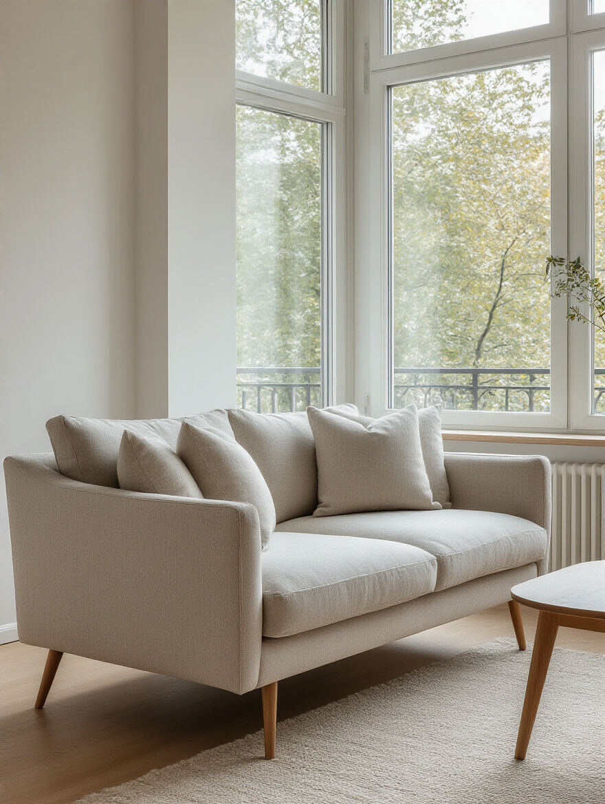 A modern apartment living room featuring a perfectly sized, slender-legged loveseat with soft cushions, bathed in natural light, illustrating balanced scale and comfort in a compact space.