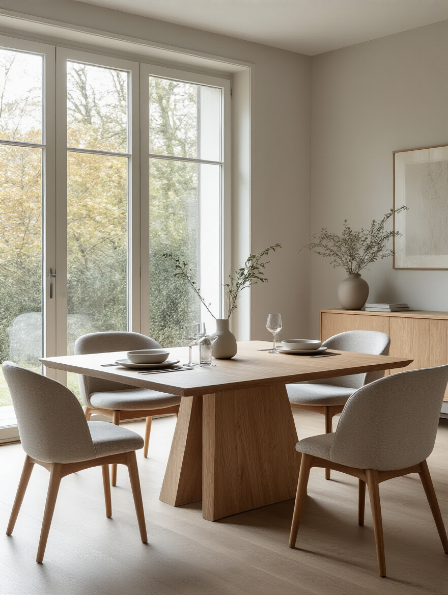 Stylish dining room with a modern wooden extendable dining table set for four, showing adaptable seating, lit by natural light.