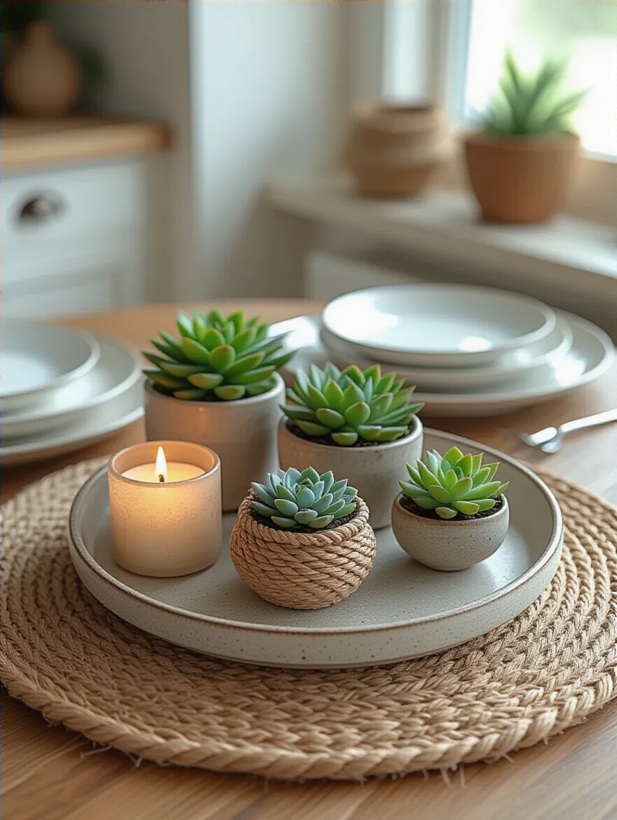 A small, circular kitchen table artfully decorated with layered elements: a jute placemat, a ceramic tray holding varied succulents, and a woven candle holder, creating visual depth.