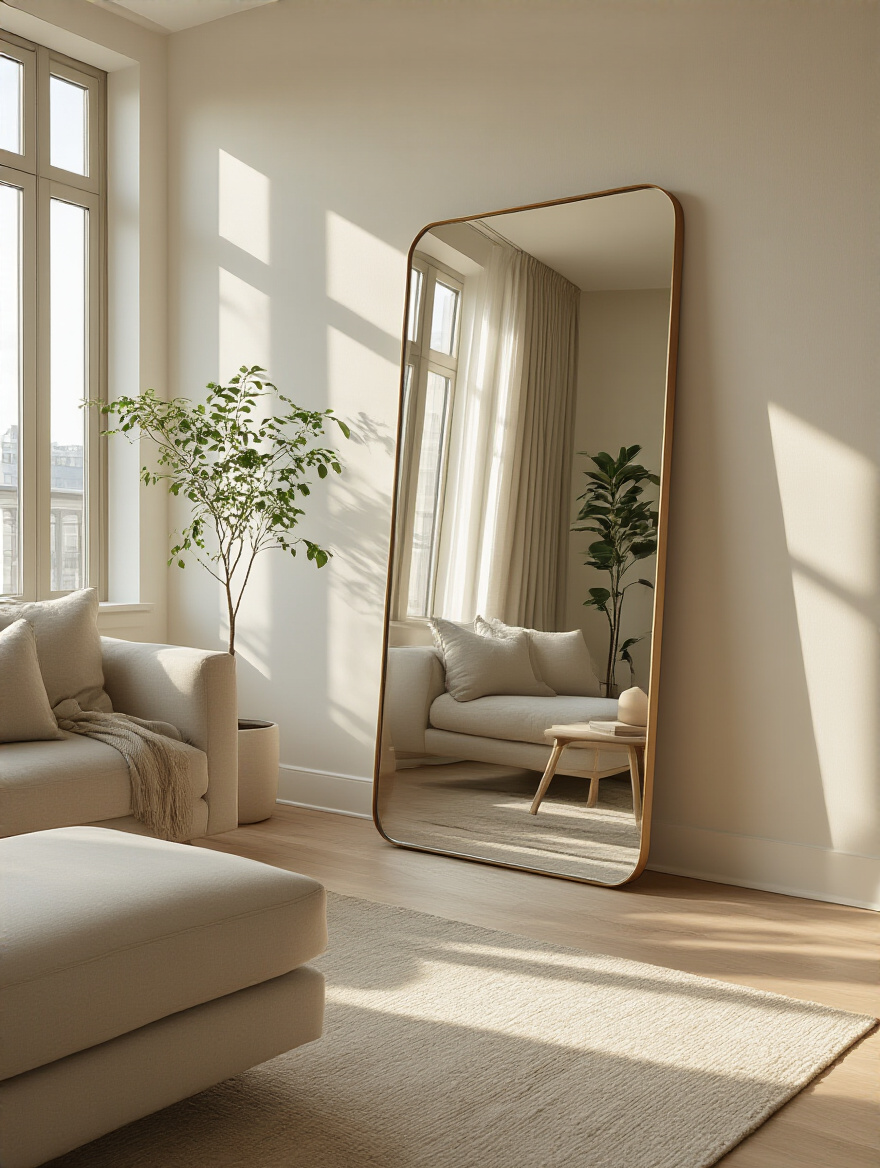 A chic apartment living room with light walls, featuring a large, elegant mirror reflecting abundant natural light from an unseen window, making the space appear larger and brighter. A sofa and a potted plant are subtly visible.