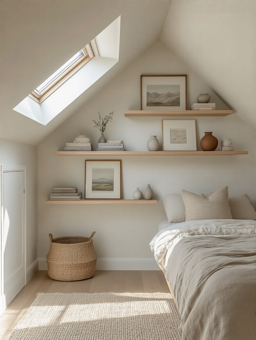 Cozy attic bedroom with white floating shelves displaying framed art and decorative objects on a sloped wall, enhancing vertical storage and aesthetic appeal. Neutral color palette.