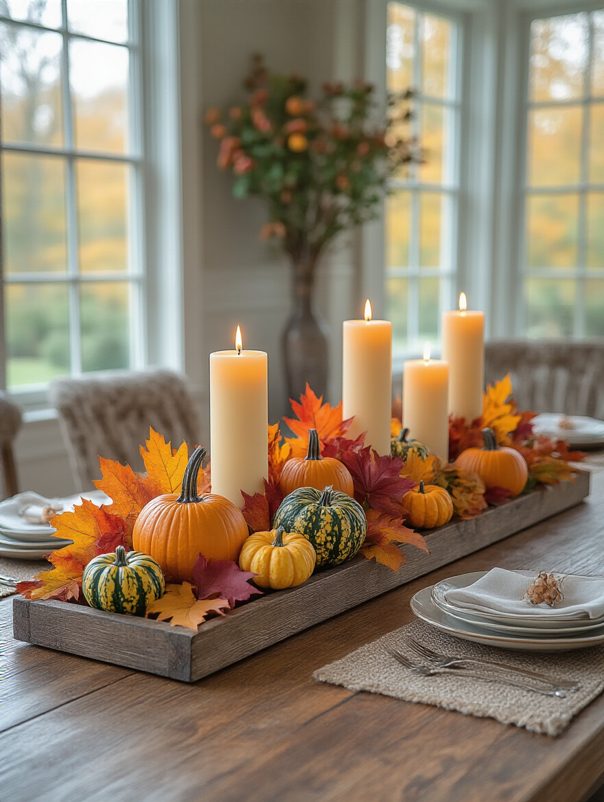 A beautifully designed autumn dining table centerpiece featuring gourds, leaves, and candles on a rustic tray, serving as a seasonal focal point.