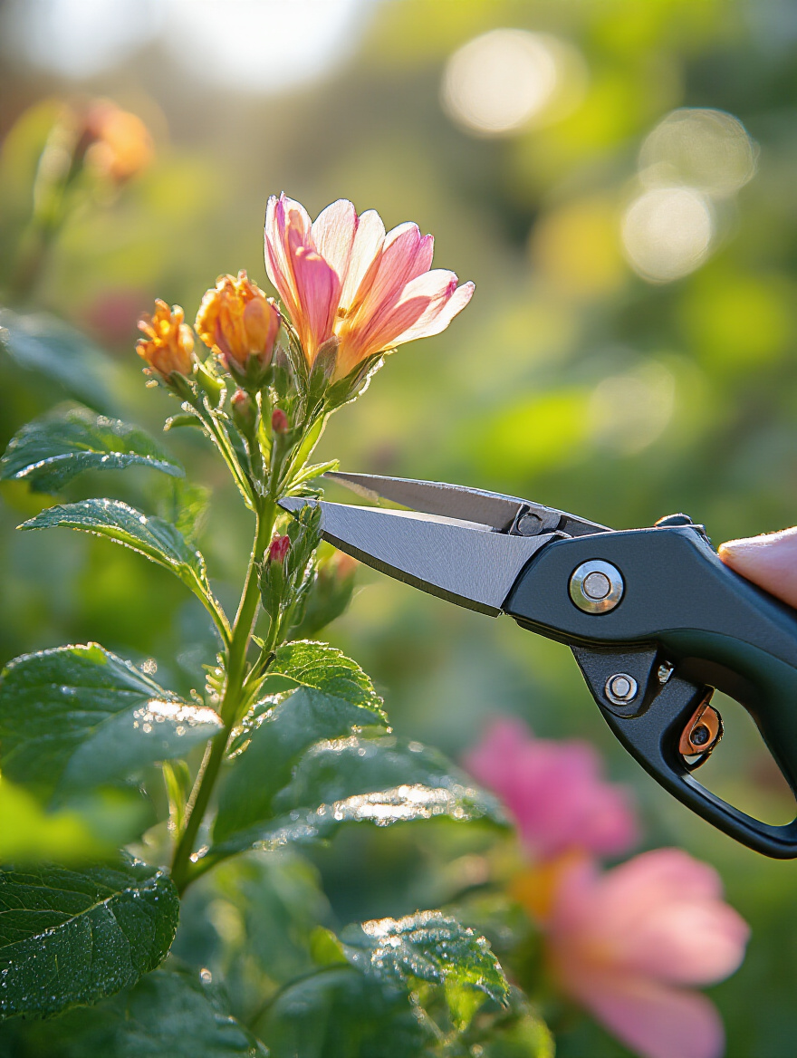 A pair of sharp bypass pruners making a precise cut on a plant stem, with lush green leaves and colorful flowers in the background, illustrating optimal plant care.