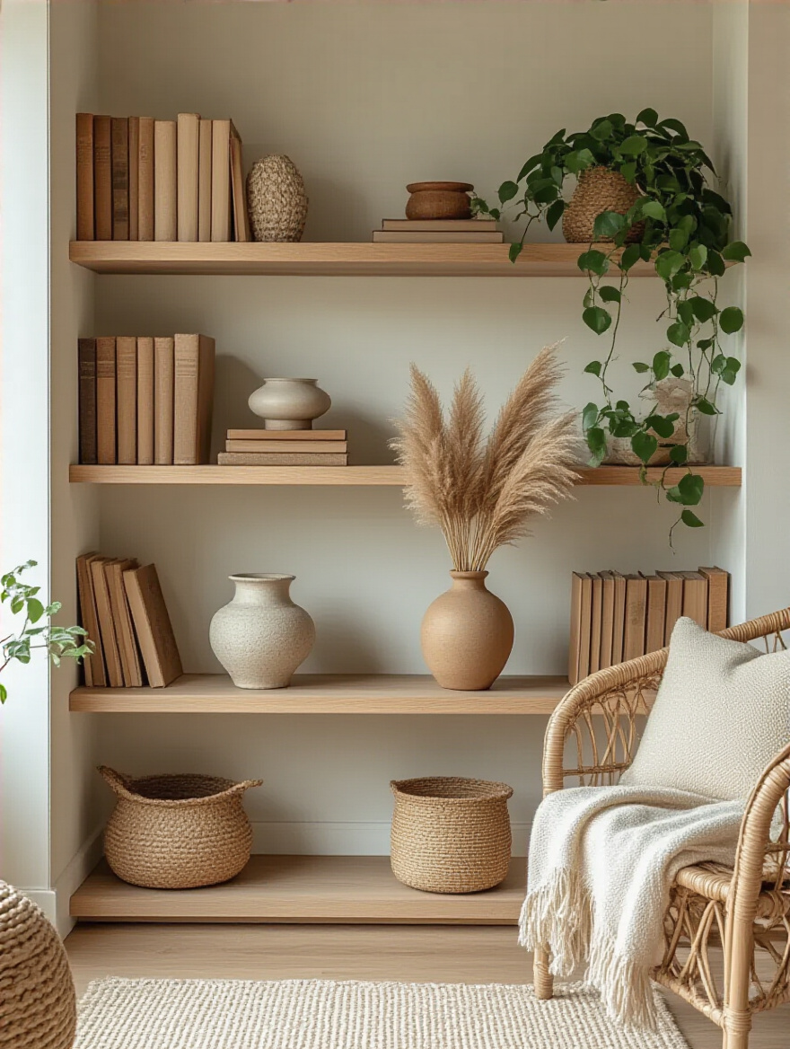 Cozy living room with expertly styled open shelving featuring decorative items like plants, books, and ceramic vases arranged in balanced vignettes.