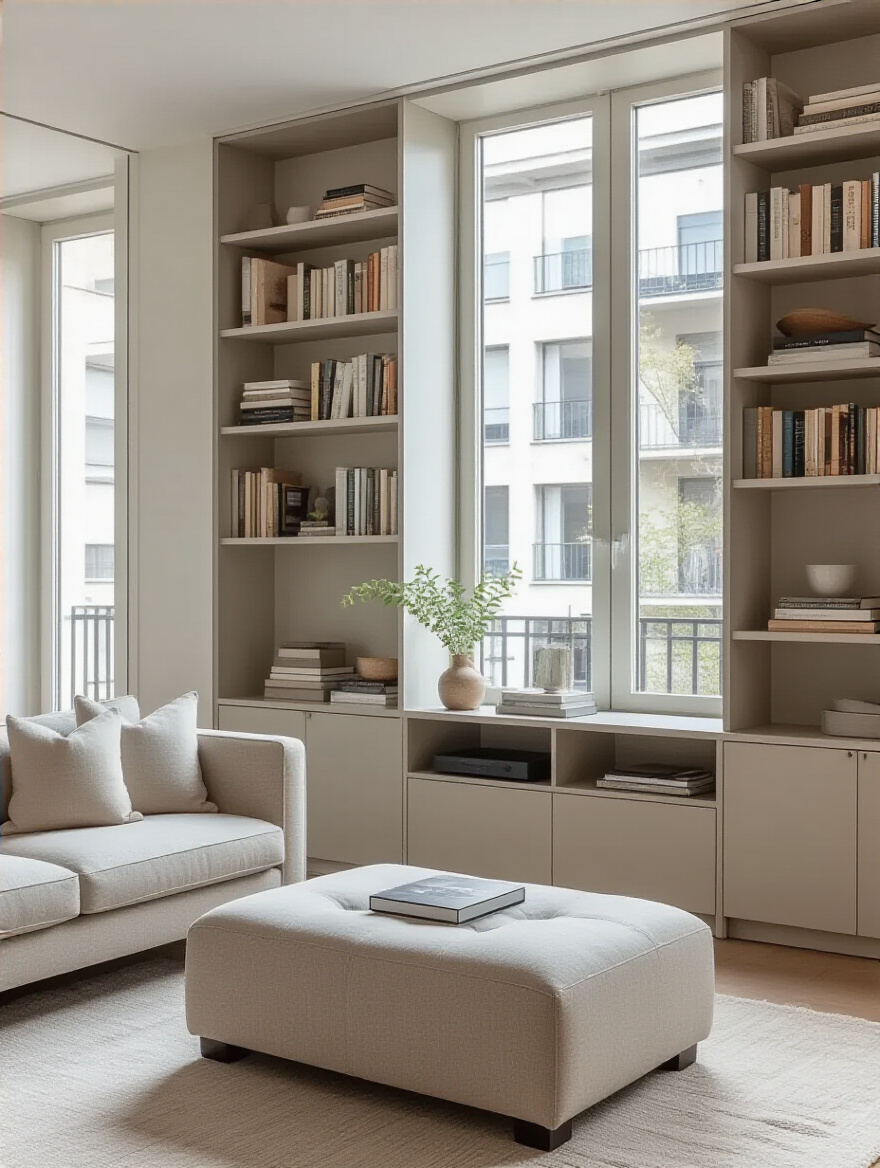 A perfectly organized apartment living room featuring smart storage solutions like a storage ottoman, wall-mounted shelves, and integrated cabinets. Maximized space and clutter-free design.