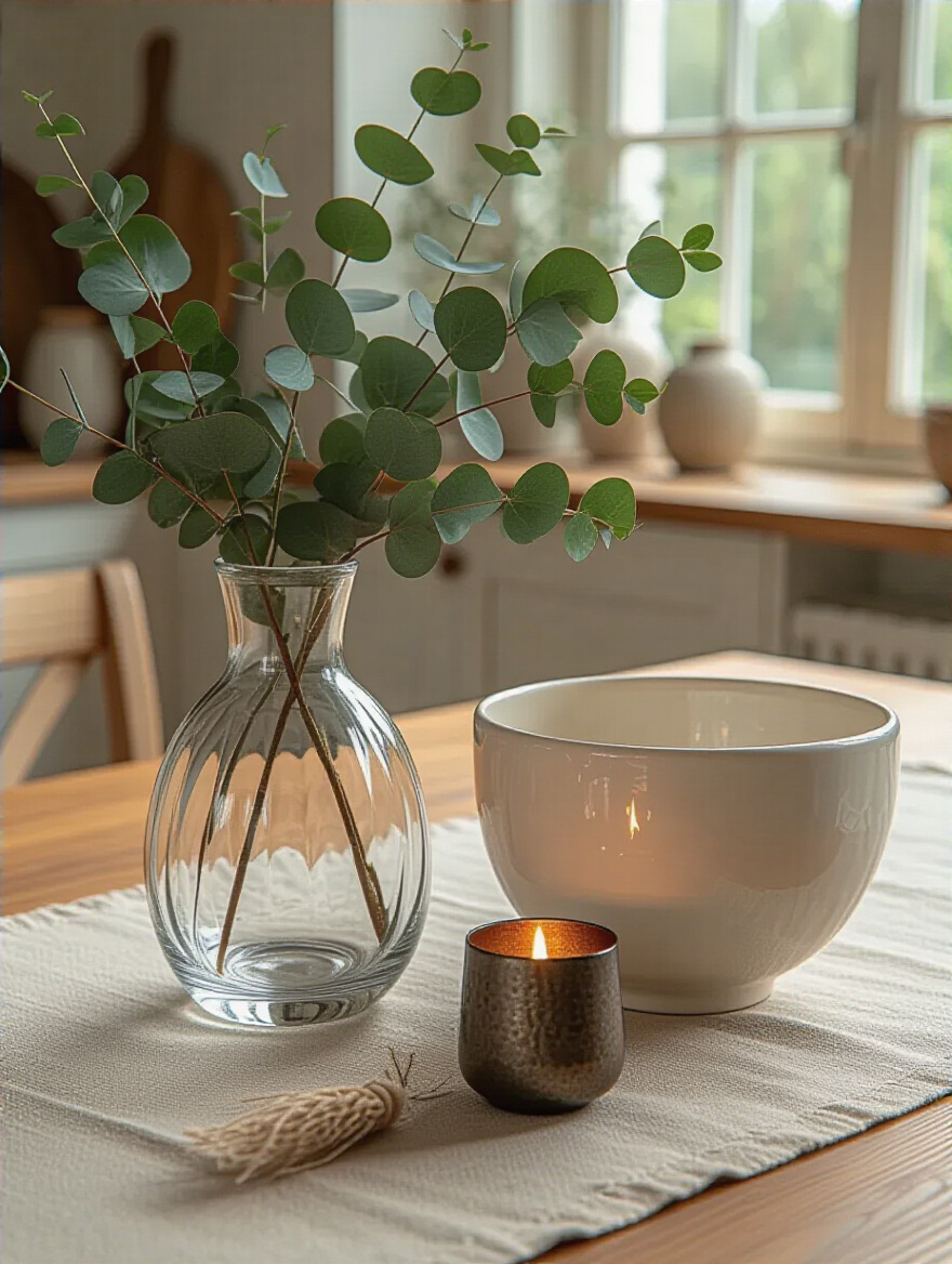 Kitchen table centerpiece displaying three decorative items arranged in the rule of three, featuring varying heights and textures for visual interest.