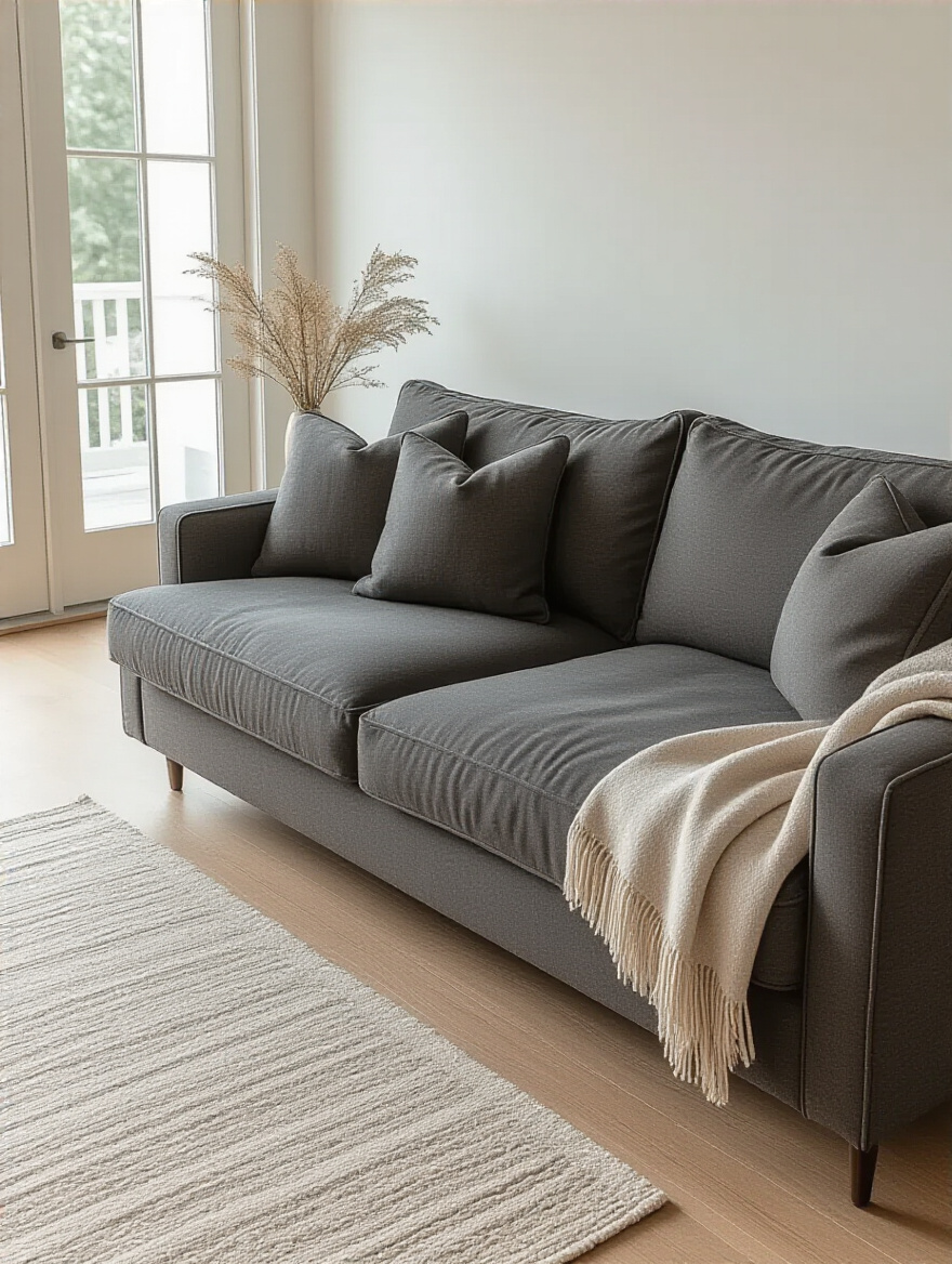 A perfectly plumped and evenly aligned gray living room couch, showcasing the benefits of regular cushion rotation for uniform wear and structural integrity.