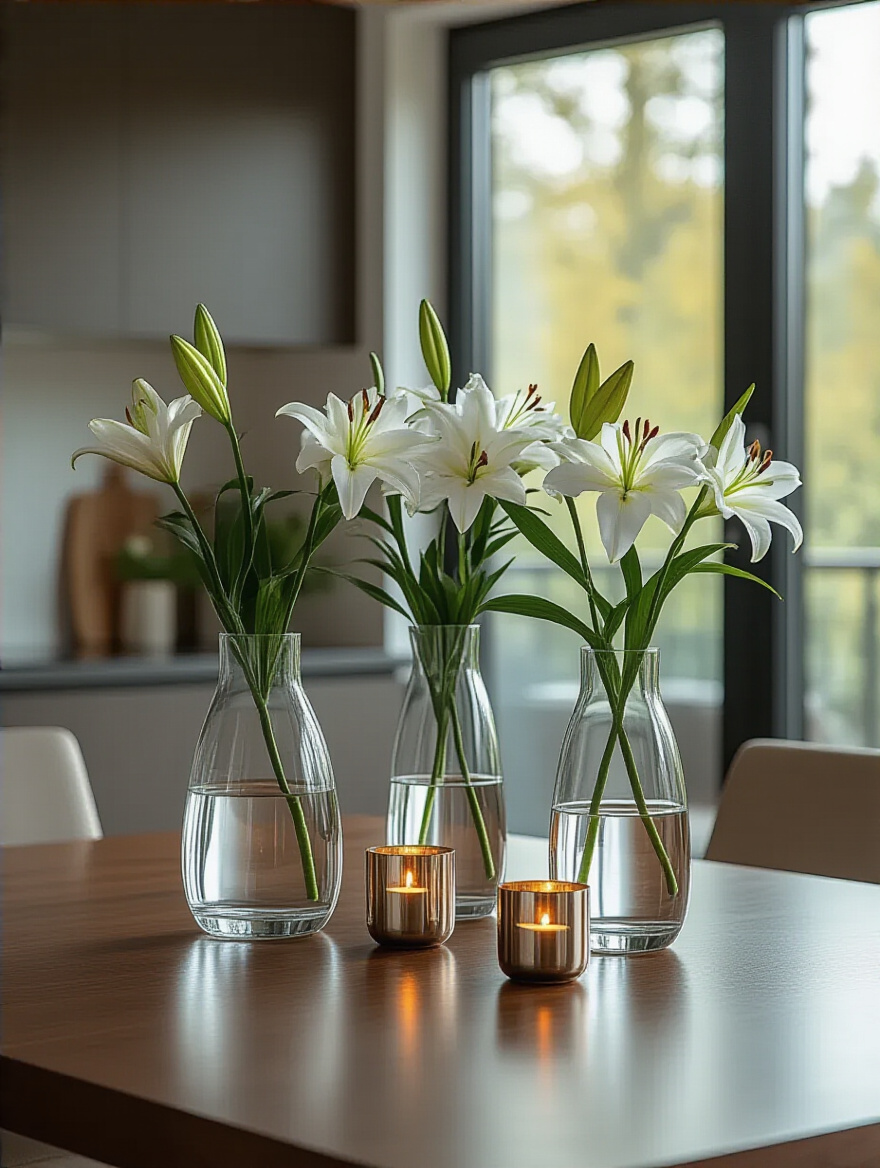 A rectangular kitchen table showcasing a perfectly scaled and proportioned centerpiece with glass vases and candle holders, demonstrating visual harmony in decor.