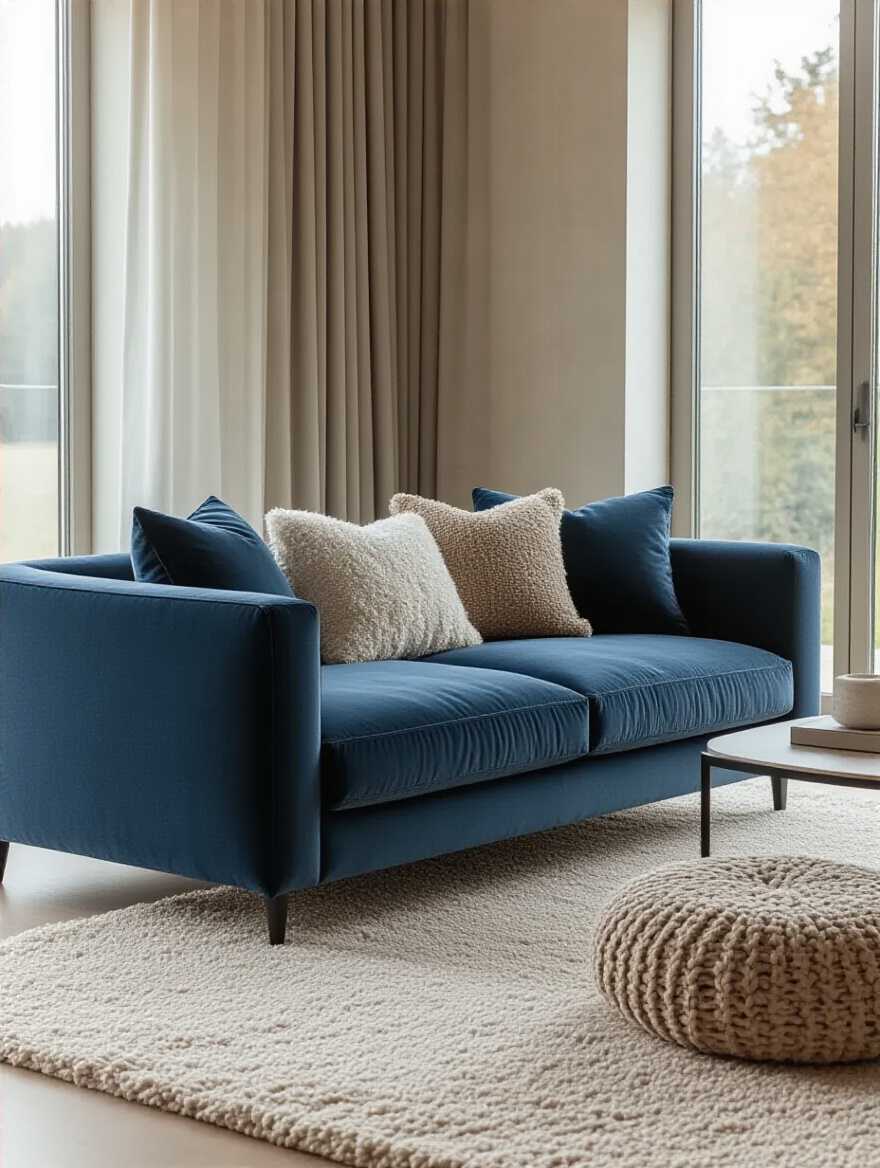 A tranquil living room with a plush, densely upholstered velvet couch, thick wool rug, and heavy drapes, strategically arranged to absorb sound and reduce acoustic reverberation, creating sonic comfort. Soft, diffused natural light illuminates the space, which is empty of people.