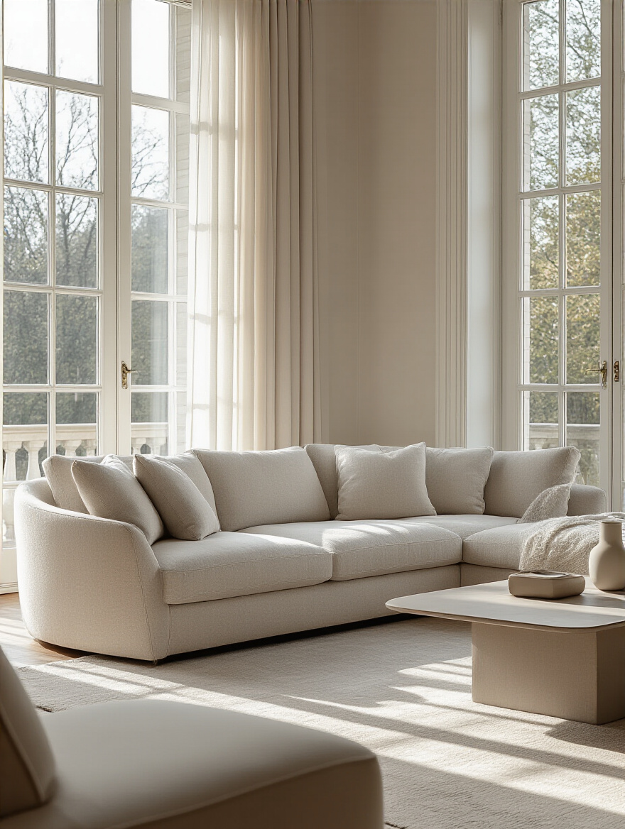 A sophisticated living room couch with visible ergonomic design elements, emphasizing superior lumbar-pelvic support for sustained postural integrity.