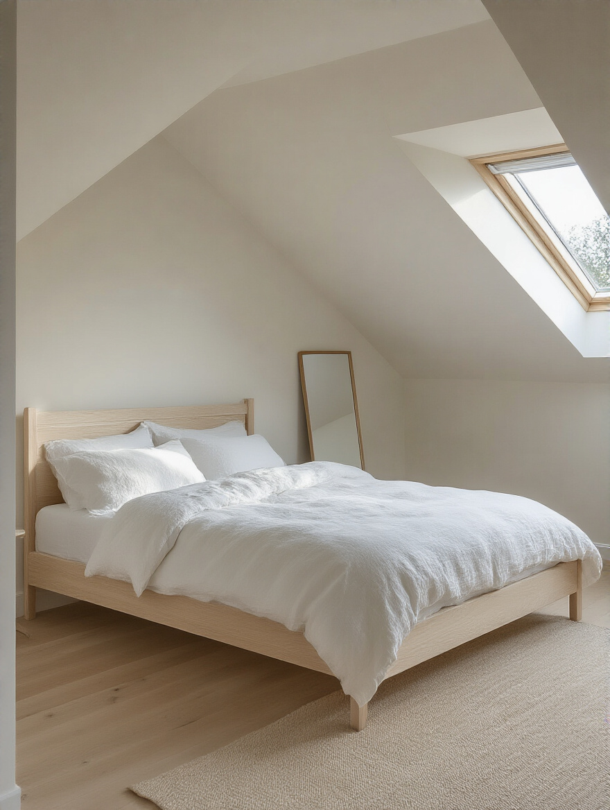 A serene attic bedroom featuring low-profile, multi-functional furniture like a storage platform bed and ottoman, optimizing space under a sloped ceiling for an uncluttered and airy feel.