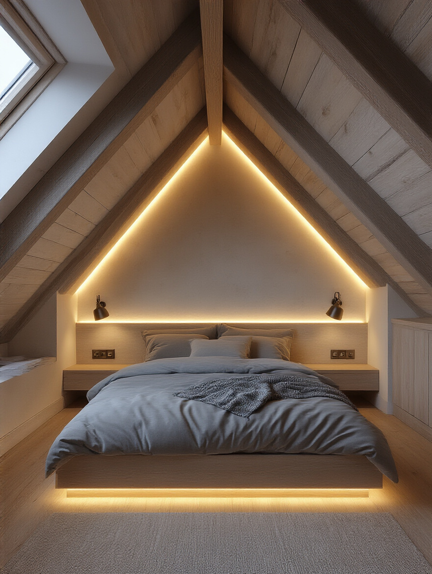 Attic bedroom with optimized artificial lighting solutions, including recessed lights, integrated LED strips, and wall sconces, illuminating sloped ceilings and corners, creating a warm, inviting, and functional space.