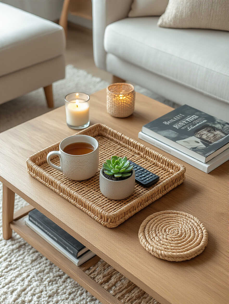 A beautifully styled cozy coffee table with a rattan tray, a hot beverage in a mug, a small succulent, coffee table books, a candle, and woven coasters, demonstrating optimal functionality and charm in a living room.