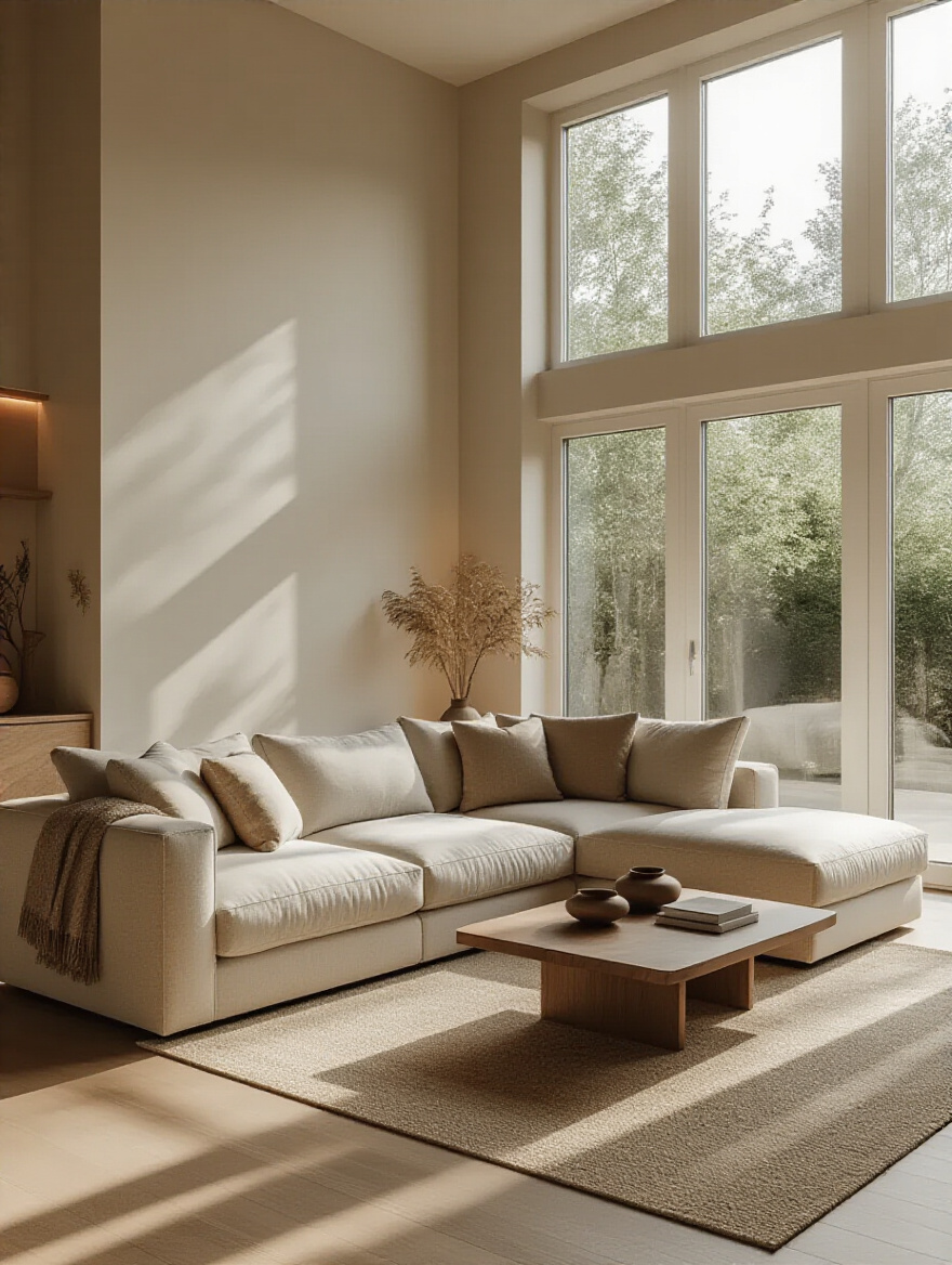 A modern living room with a large, comfortable sofa strategically placed against a solid wall, demonstrating ideal Feng Shui couch placement for optimal energy flow. The room is decorated in a harmonious style with plants and soft textures, showing a clear, inviting pathway.
