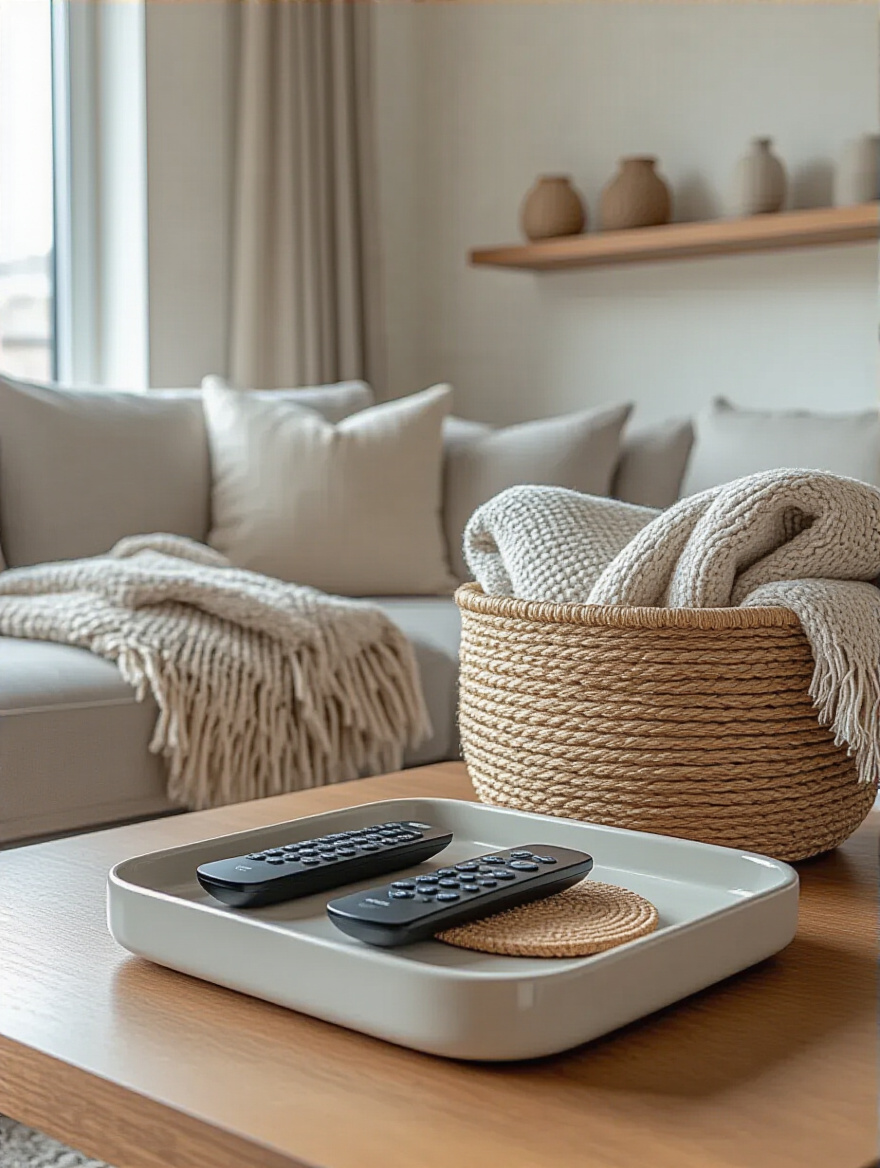 Portrait photo of a well-organized apartment living room featuring a decorative ceramic tray on a coffee table and a woven jute basket filled with throws beside a sofa.
