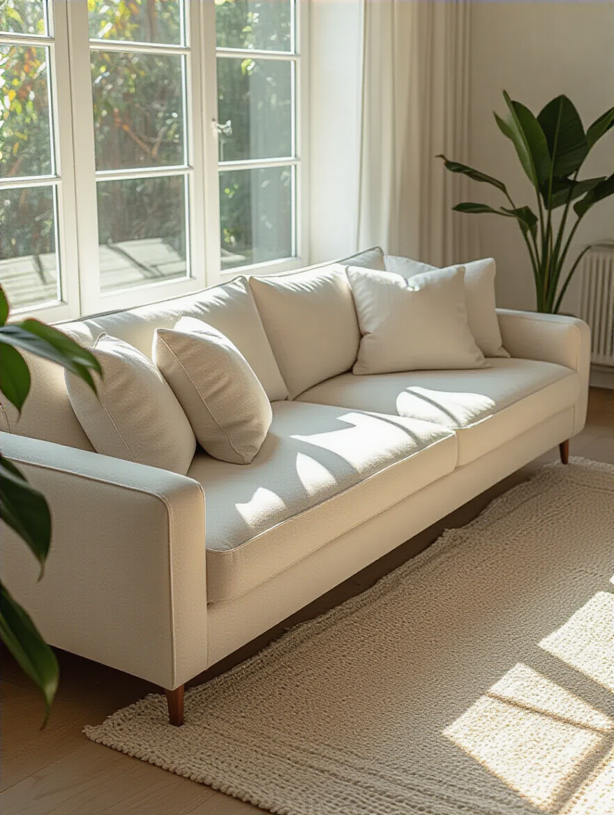 A thoughtfully designed living room couch, evaluated for ergonomic support and wellness metrics, bathed in natural light.