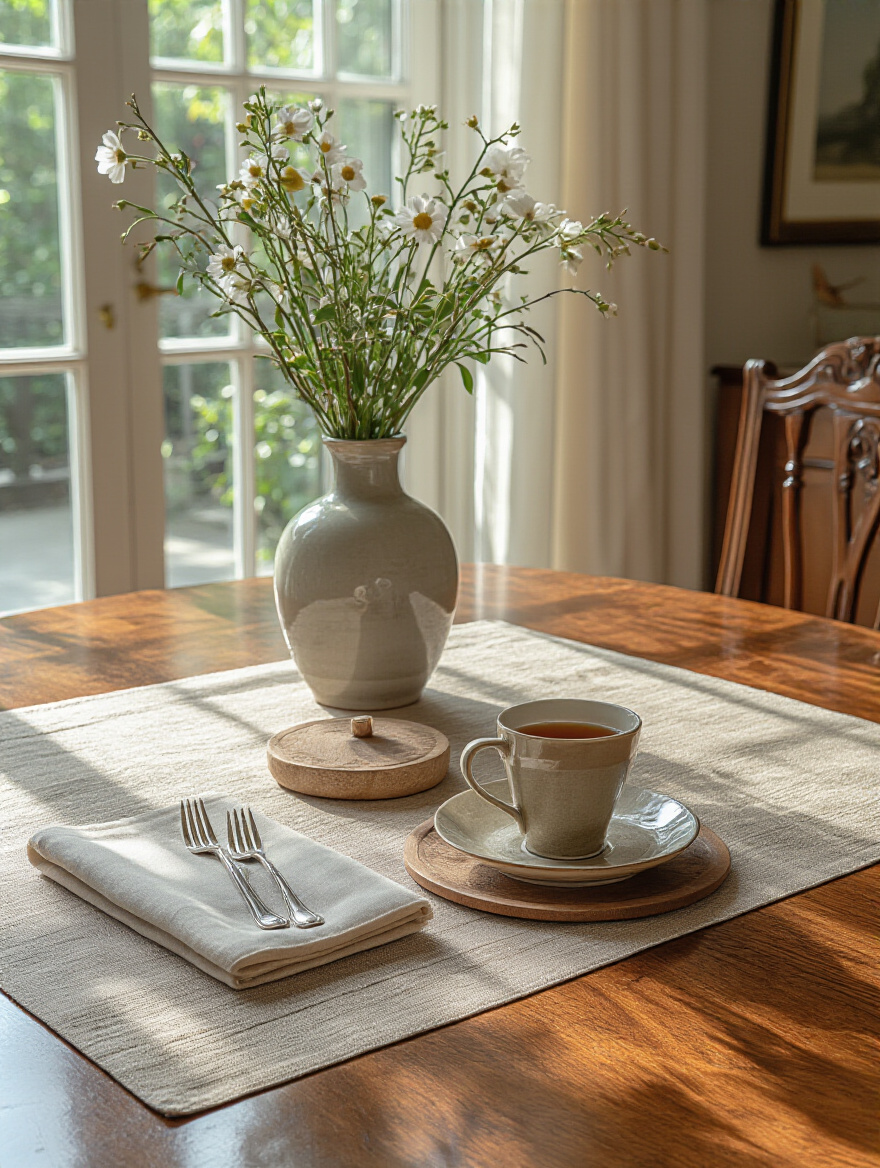 Close-up of hands tightening a bolt on a wooden dining table leg with an Allen wrench, ensuring structural stability.