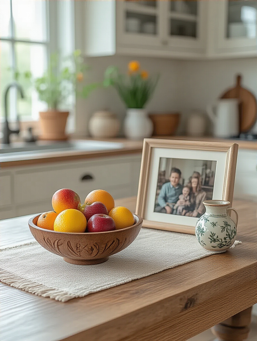 Kitchen table centerpiece with meaningful accents: a carved wooden bowl, framed family photo, and a travel souvenir. Personalized kitchen table decor creating a warm and inviting display.