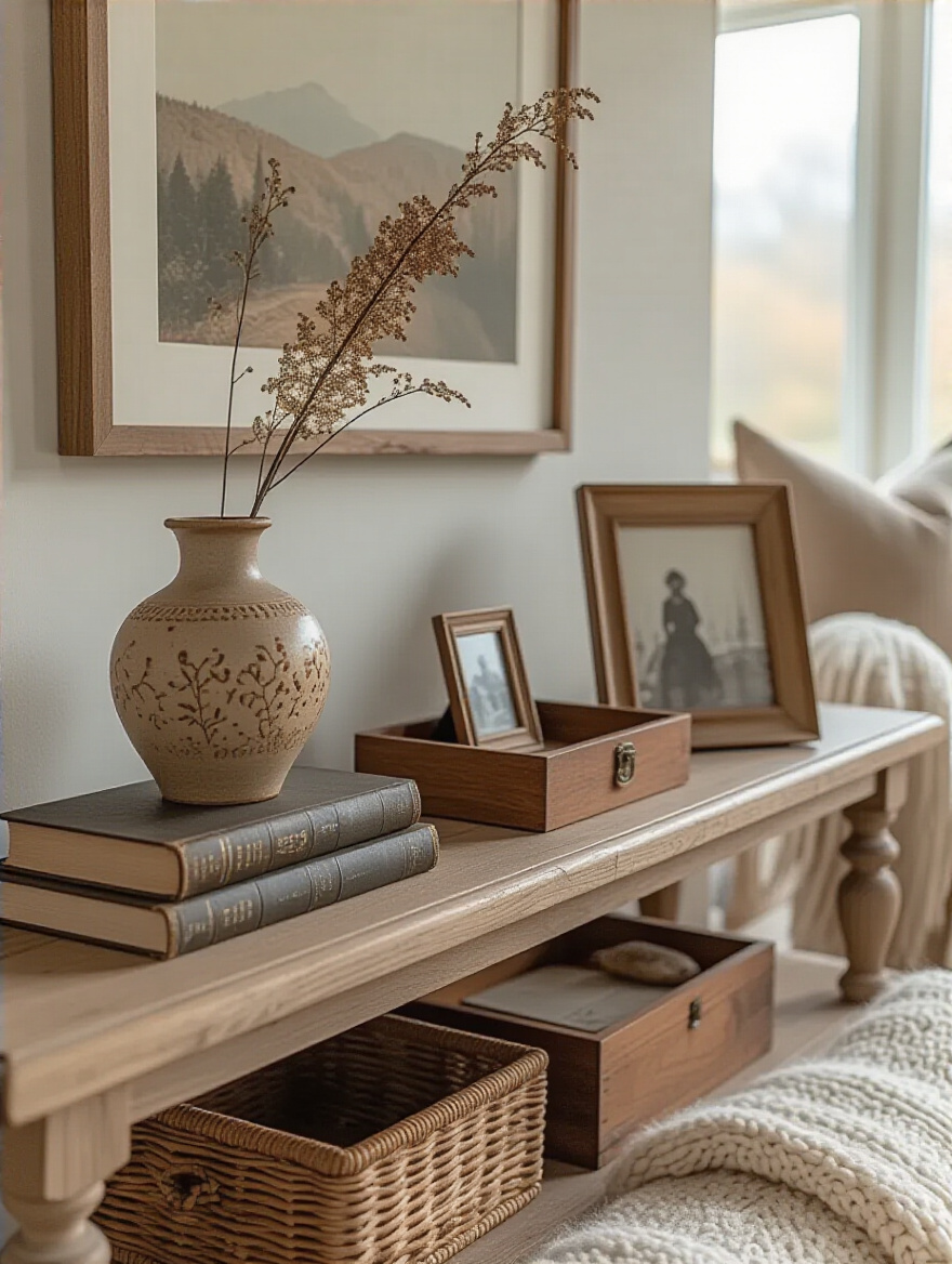 Close-up of a cozy living room console table showcasing framed family photos, antique books, and unique travel pottery, symbolizing personalized home decor with thoughtful keepsakes.