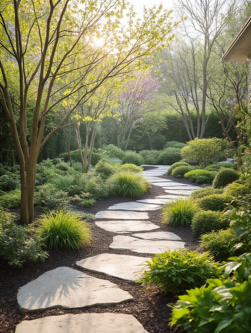 A serene backyard landscape featuring diverse plant life and a stone path, designed to adapt and evolve through seasonal changes and future growth, showcasing year-round beauty and strategic planning.