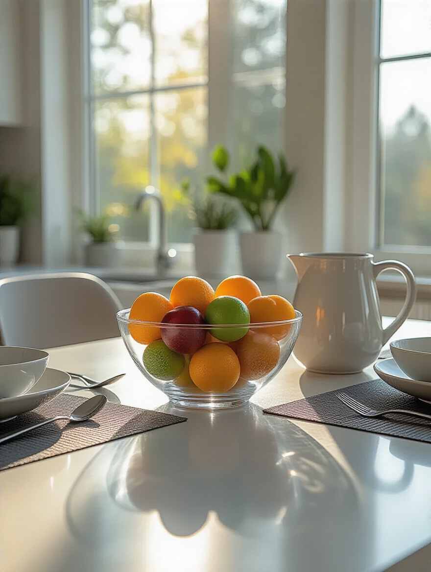 Modern kitchen table featuring durable and easy-to-clean decorations: a tempered glass fruit bowl, ceramic pitcher, and stainless steel placemats.