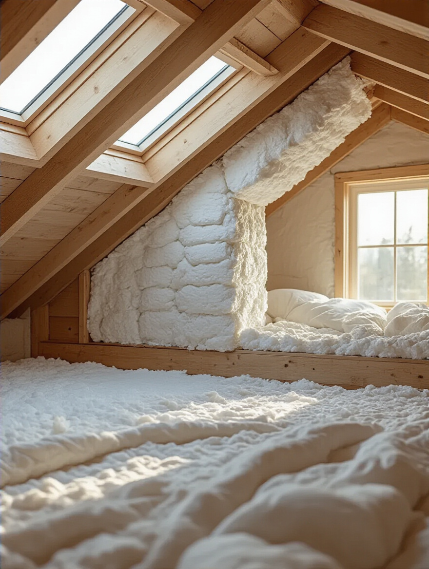 View inside a neatly insulated attic wall with thick layers of thermal insulation ensuring comfortable temperatures year-round.