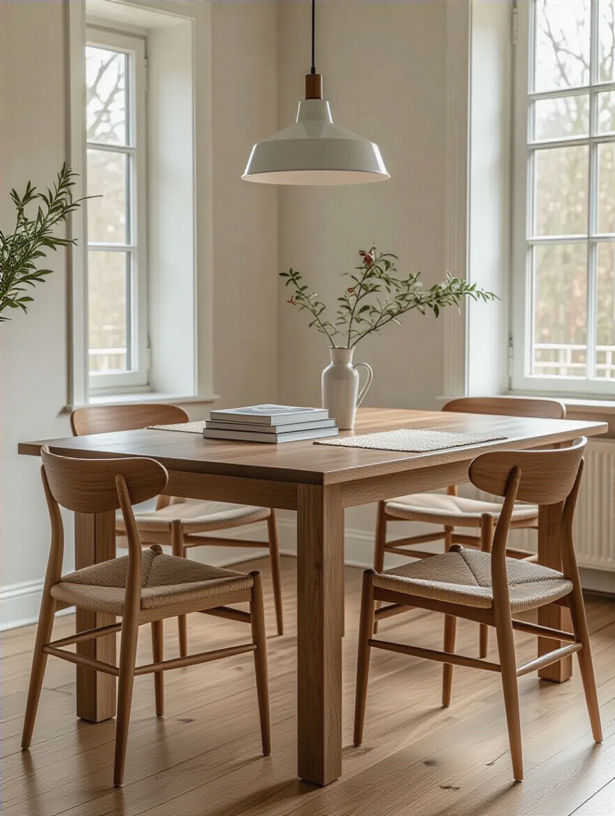 A sturdy, solid wood dining table with a durable finish, surrounded by practical, comfortable chairs in a warm, inviting dining room, symbolizing the importance of prioritizing functional needs over purely visual appeal when choosing a dining table.