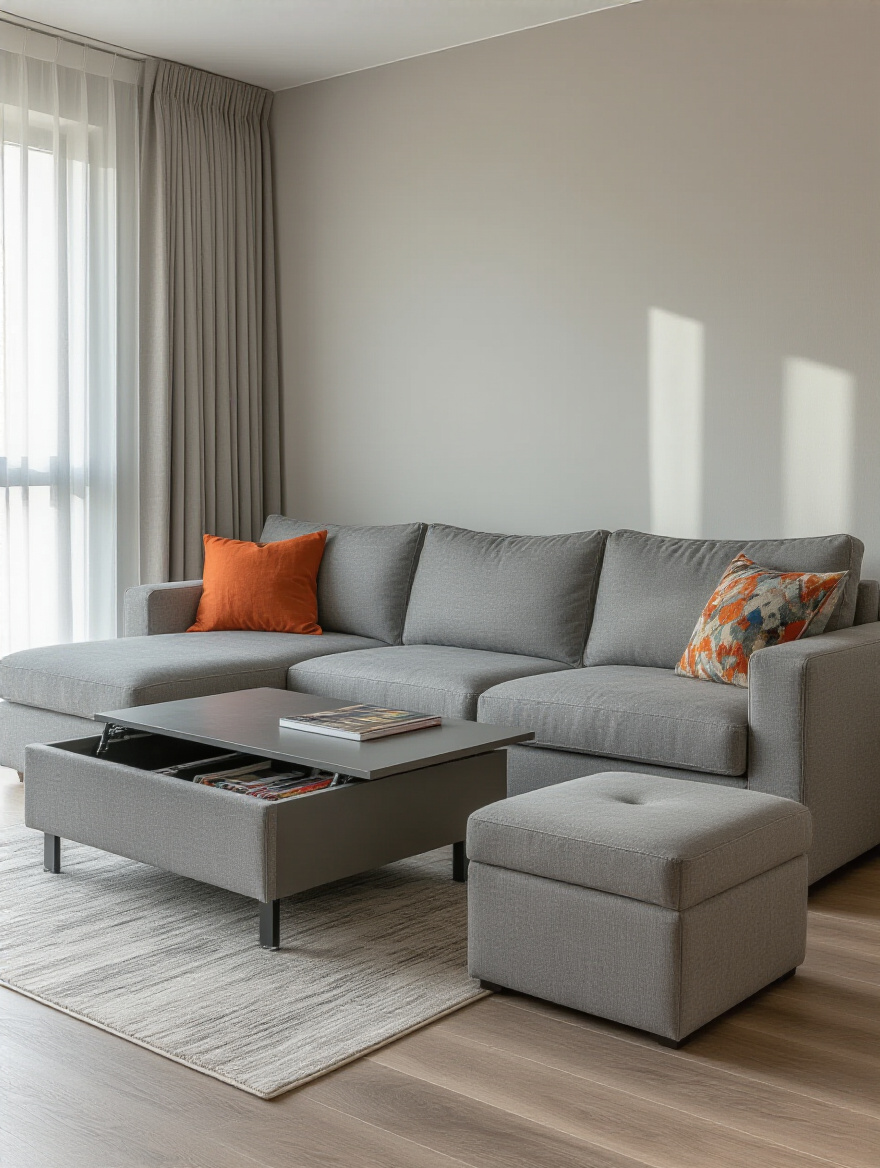 A modern small apartment living room featuring a gray convertible sofa, a lift-top coffee table with storage, and a stylish storage ottoman, showcasing functional, multipurpose furniture.