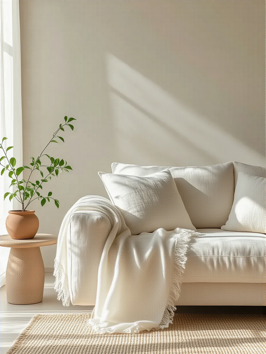 A modern living room couch upholstered in light-colored, Greenguard certified organic linen, with a glowing aura indicating clean air, promoting healthy indoor environments.