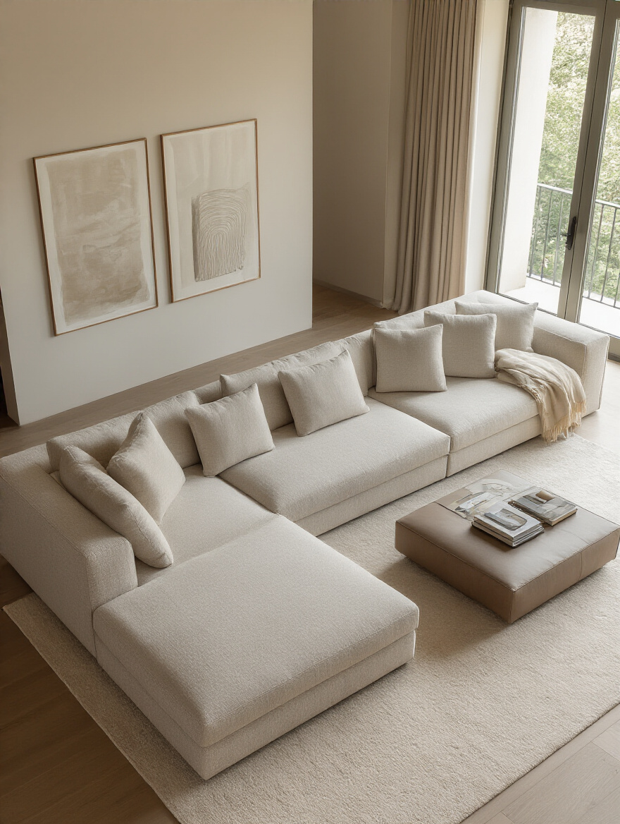 Modern sectional couch with tailored ergonomic dimensions, perfectly proportioned for comfort, under soft natural light in a minimalist living room.