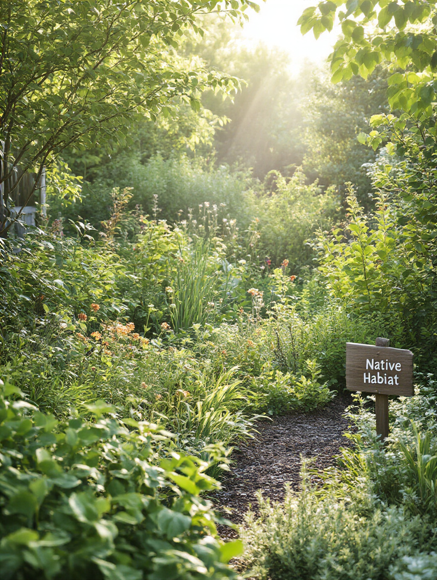 A vibrant portrait view of a sustainable backyard landscape flourishing with diverse native plant species, illustrating environmental adaptation and low maintenance.
