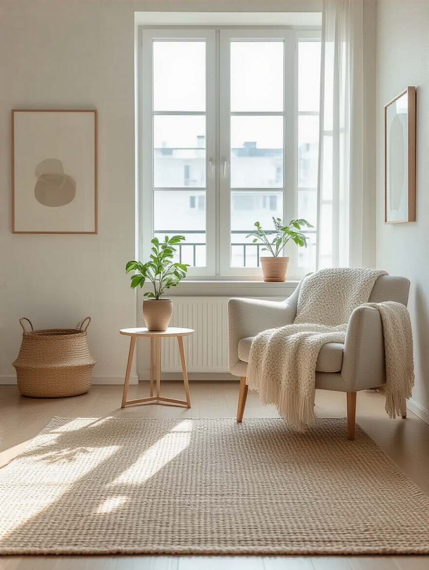 Bright, decluttered apartment living room with refreshed minimalist decor, cozy armchair, and a potted plant, conveying an expanded, tranquil space.