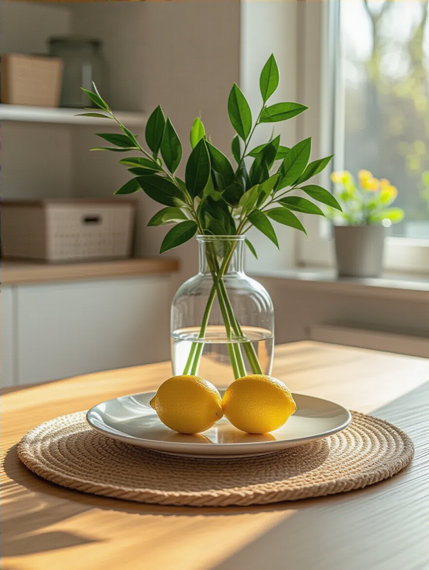 Portrait view of a stylish kitchen table with a versatile glass vase and greenery, implying decor rotation, with a soft-focus background showing organized storage for seasonal items.
