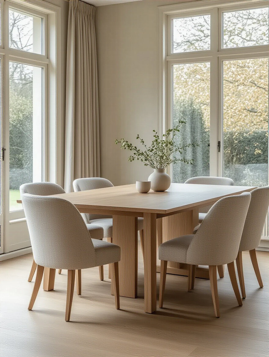 A beautifully coordinated dining room featuring a light oak table with upholstered chairs, perfectly sized and styled to fit the space.