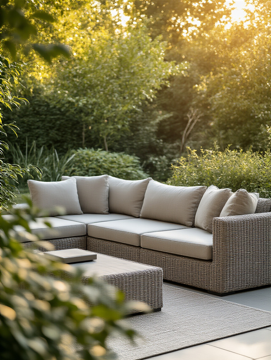 Luxurious outdoor patio featuring durable and comfortable modular sectional sofa with weather-resistant cushions, surrounded by lush landscaping, ideal for relaxation and creating a dream backyard oasis.