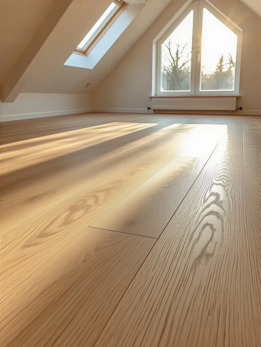 Lightweight engineered wood flooring with cork underlayment in a bright attic bedroom