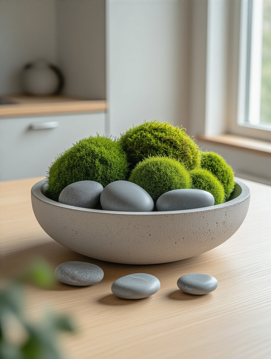 A modern Scandinavian kitchen table with a low concrete bowl centerpiece filled with green moss spheres and polished river stones, demonstrating a captivating central focal point.