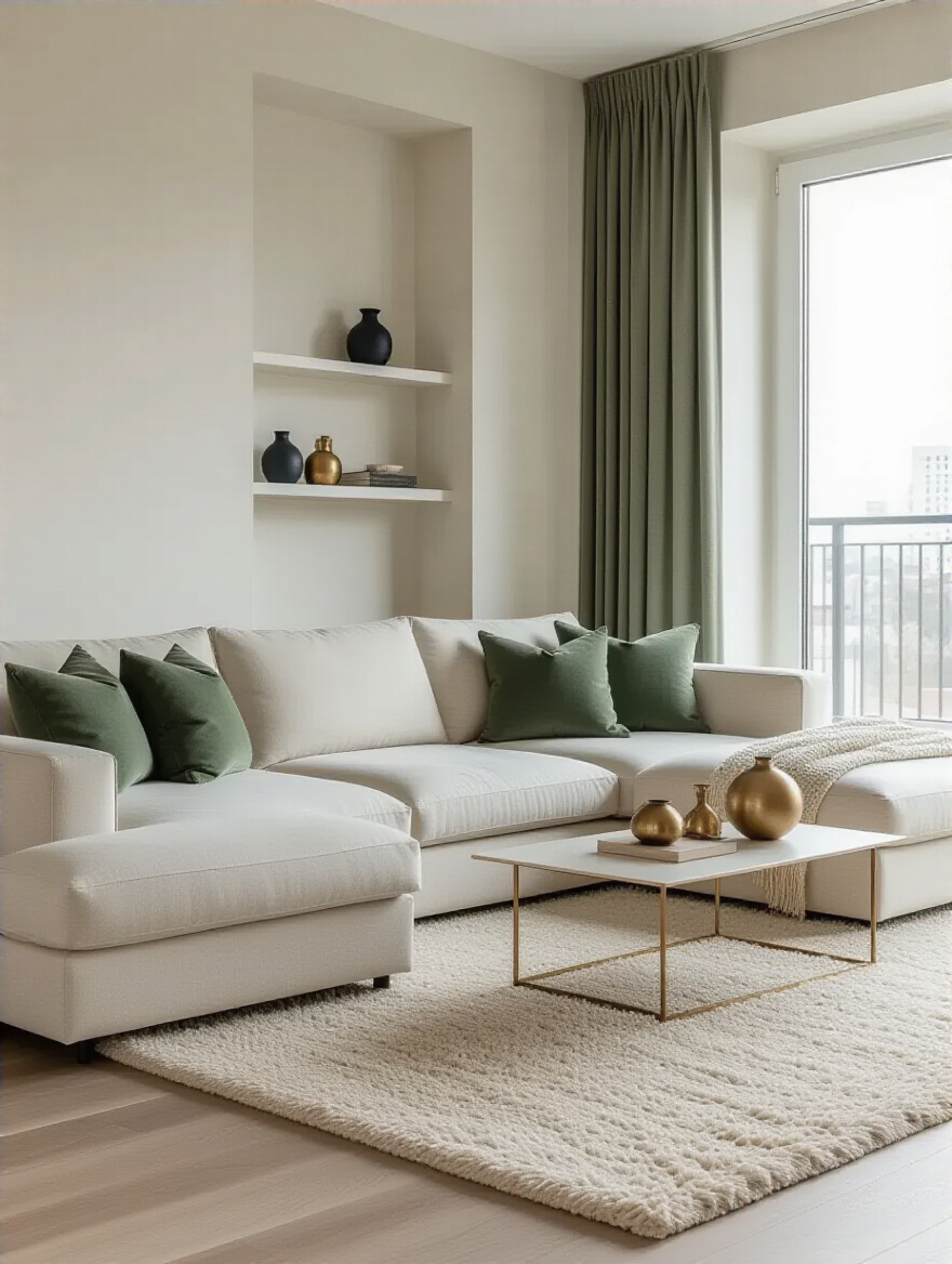 Modern apartment living room with a cohesive color palette of soft off-white, cream, light grey, and muted sage green, accented with brass and navy, illustrating visual flow and harmony.