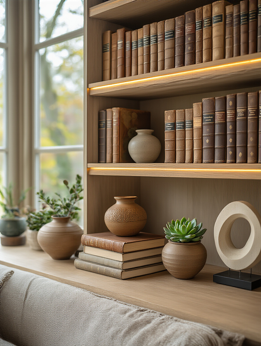 Vertical image of a beautifully styled living room shelf displaying curated books, vintage pottery, and a small potted plant, evoking a cozy and personalized atmosphere.