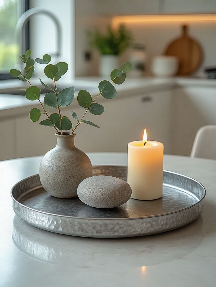 A round metal tray on a clean kitchen table, holding a ceramic vase with eucalyptus, an LED candle, and a decorative bowl, symbolizing easily movable decor for quick maintenance.