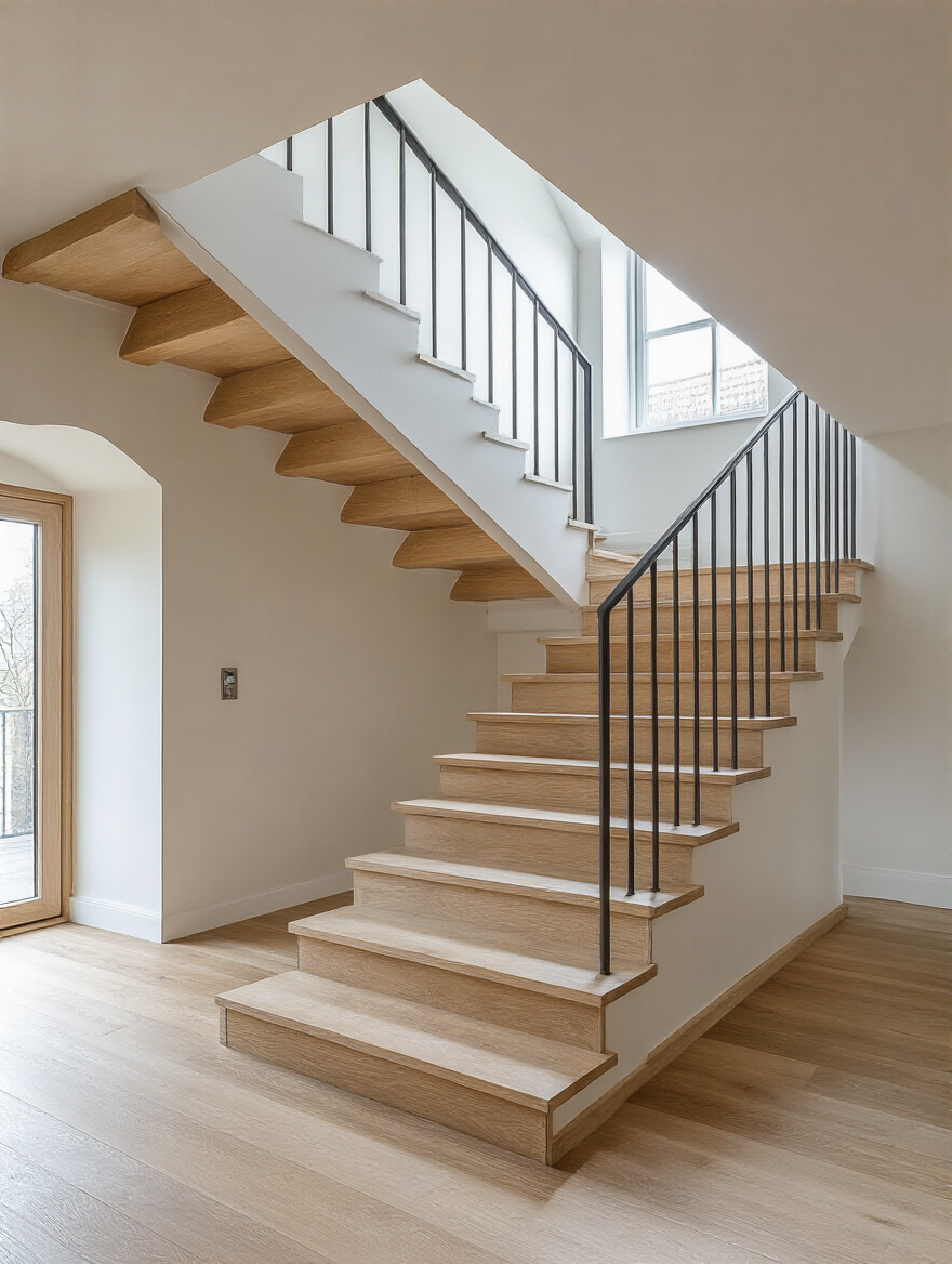 L-shaped wooden staircase with sleek metal railing leading up to a bright attic bedroom conversion, emphasizing essential access and integration.