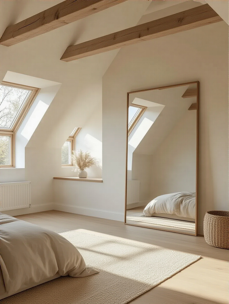 An attic bedroom with a large, frameless mirror reflecting a window, making the room appear more spacious and bright. The mirror is placed to expand the visual depth of the sloped ceiling room.