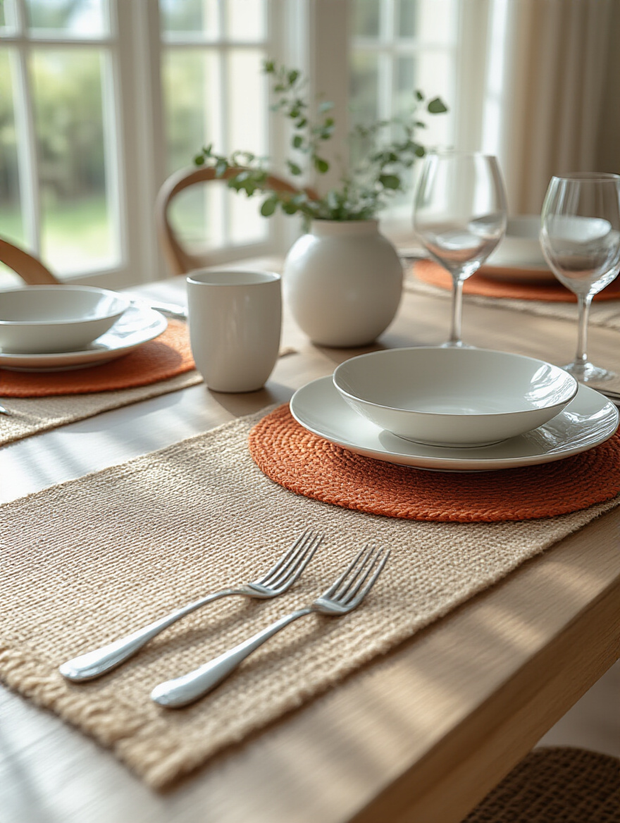 Dining table styled with layered blue linen tablecloth, natural jute runner, and terracotta placemats showcasing varied textures and colors.
