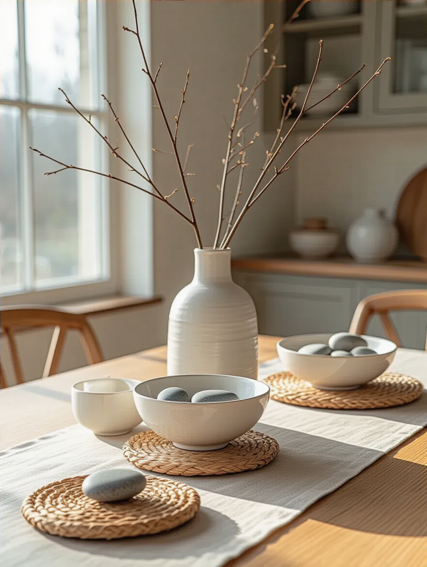 Modern kitchen table decorated with a centerpiece featuring varied heights and textures, including a tall vase with branches, white ceramic bowls with river stones, and a linen runner, creating visual depth.