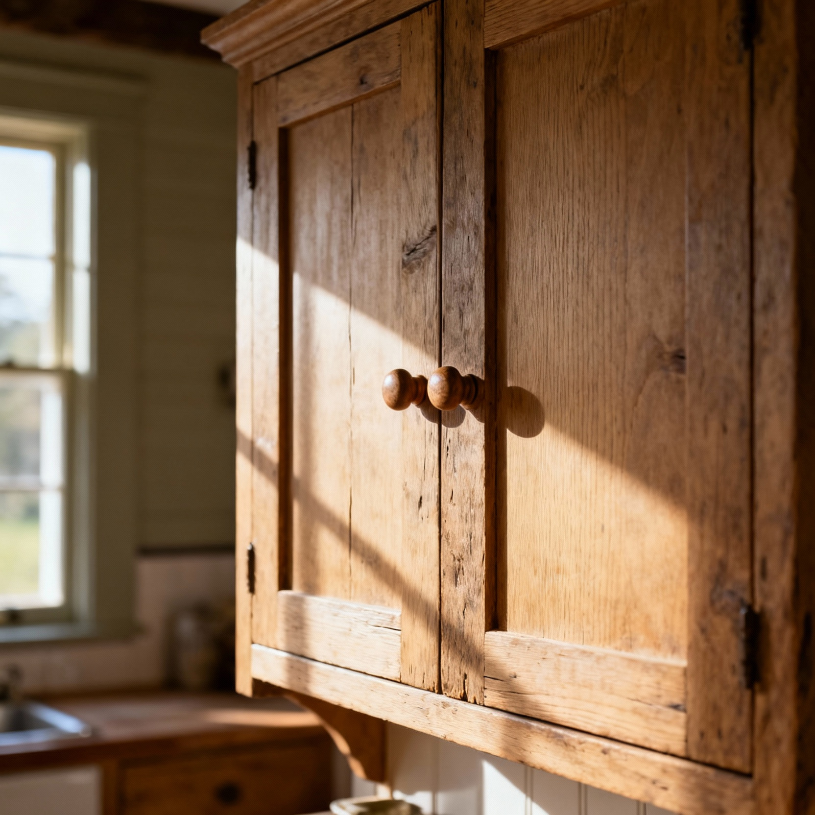 Authentic farmhouse kitchen cabinet forms showcasing traditional joinery and natural wood, embodying vernacular design evolution.