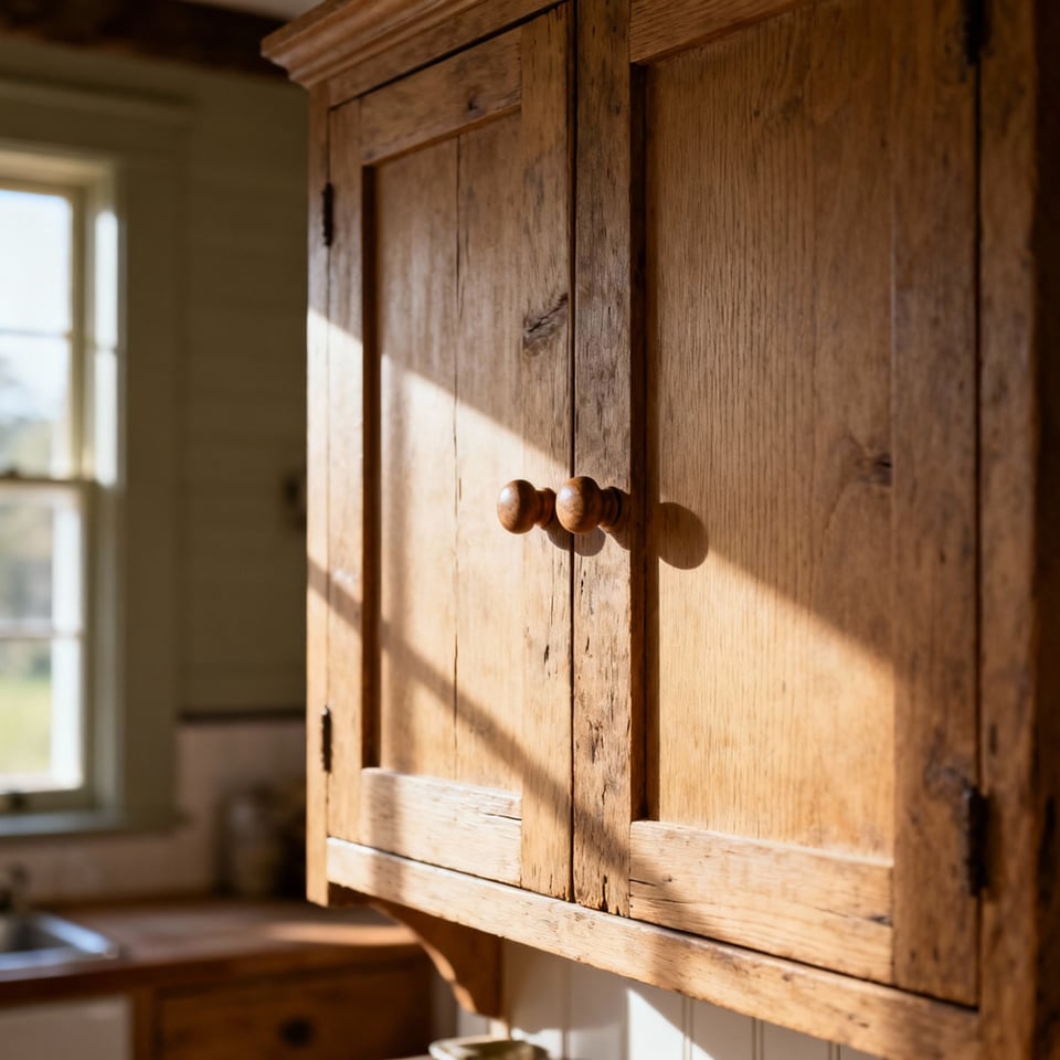 Authentic farmhouse kitchen cabinet forms showcasing traditional joinery and natural wood, embodying vernacular design evolution.