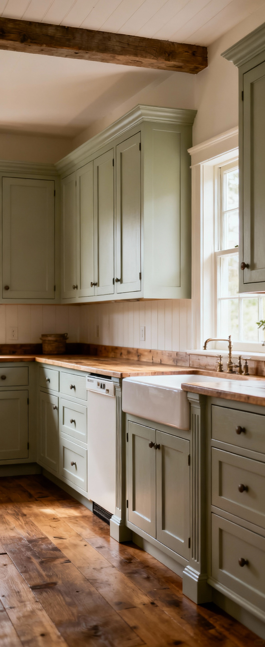 Farmhouse kitchen showcasing perfectly proportioned, classically designed cabinetry with balanced door panels and elegant stiles and rails, under natural light.